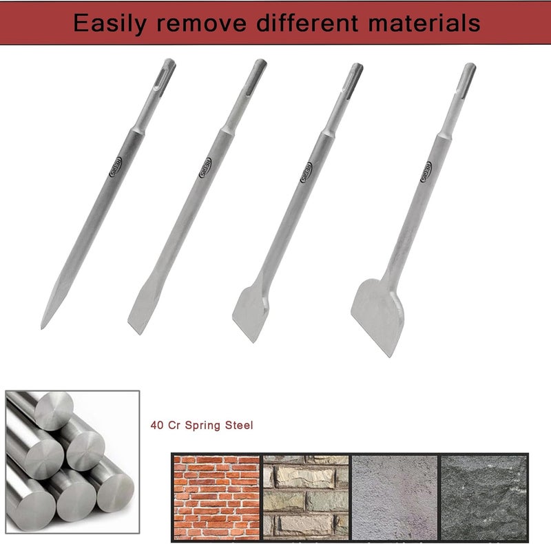 Regiis Tech 4 pcs SDS Plus Chisel Set, Masonry Concrete Drill Bit Set, Tile Removal Chisel Bits for Rotary Hammer with Point Flat Wide Tile Inclined Grooving Scraping Scaling Chisels - Image 5